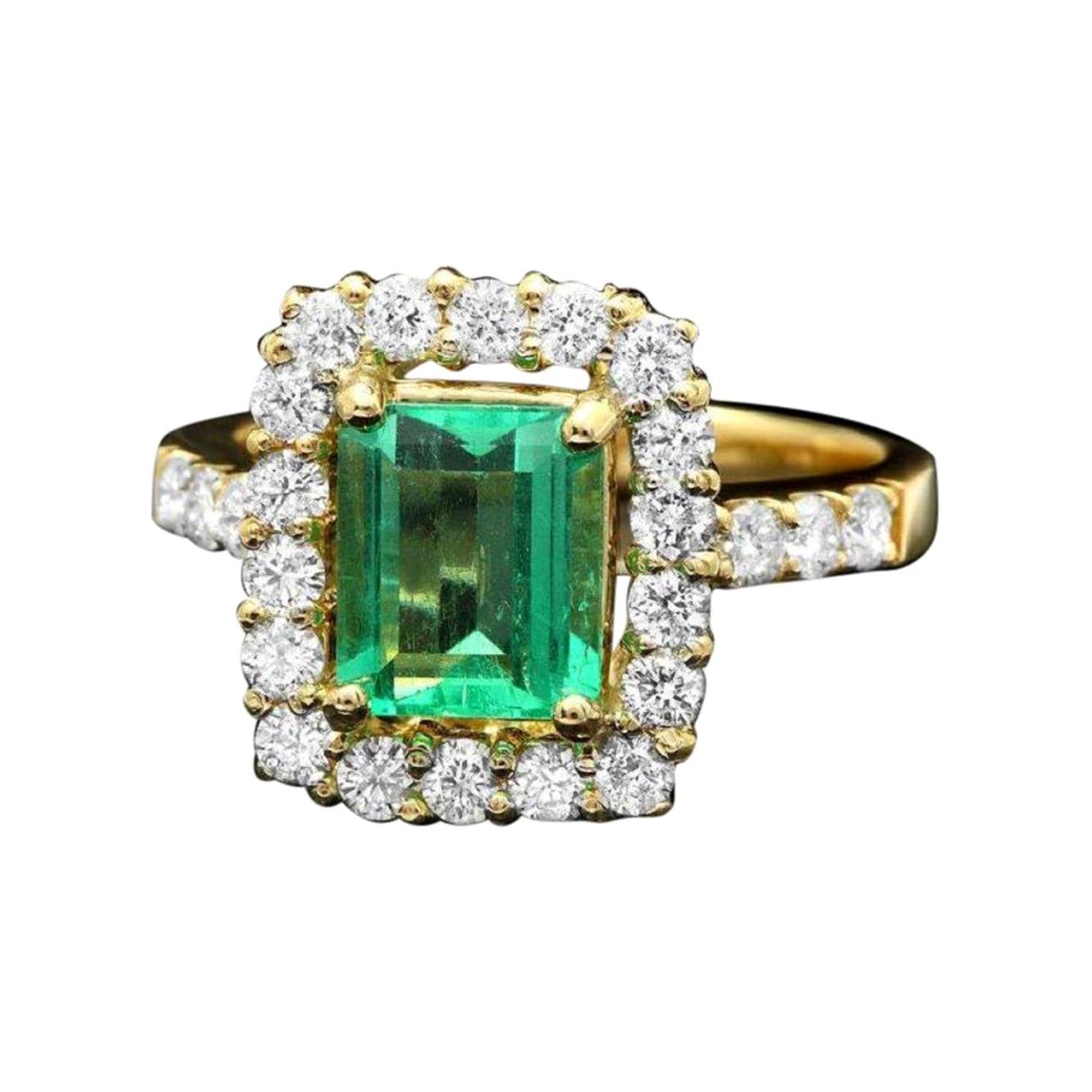2,70 Karat natürlicher Smaragd & Diamant 14k massiver Gelbgold Ring