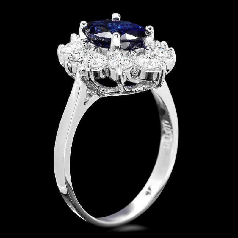 2.70 Carats Natural Sapphire and Diamond 18K Solid White Gold Ring

Total Natural Oval Sapphire Weights: Approx. 1.60 Carats 

Sapphire Measures: Approx. 6.00 x 8.00mm

Sapphire treatment: Diffusion

Natural Round Diamonds Weight: Approx. 1.10