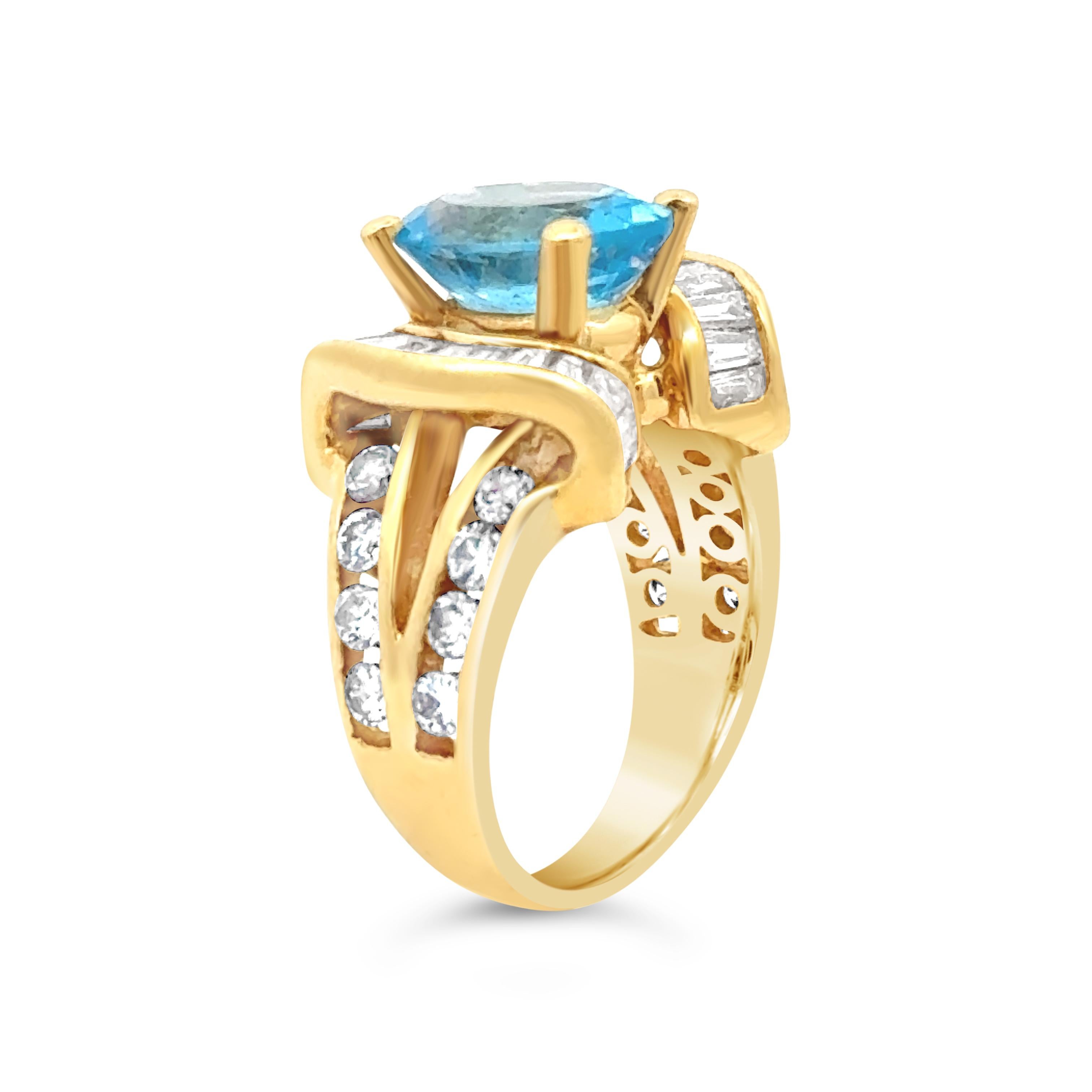 Contemporary Vintage 2.70 Carats Oval Cut Blue Topaz & Diamond Fashion Ring in Yellow Gold For Sale