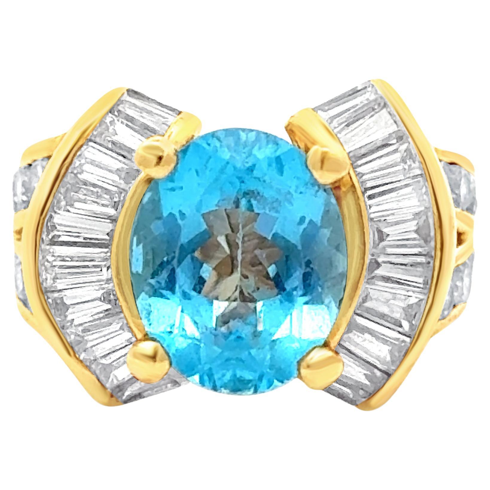 Bague à la mode vintage en or jaune avec topaze bleue taille ovale de 2,70 carats et diamants