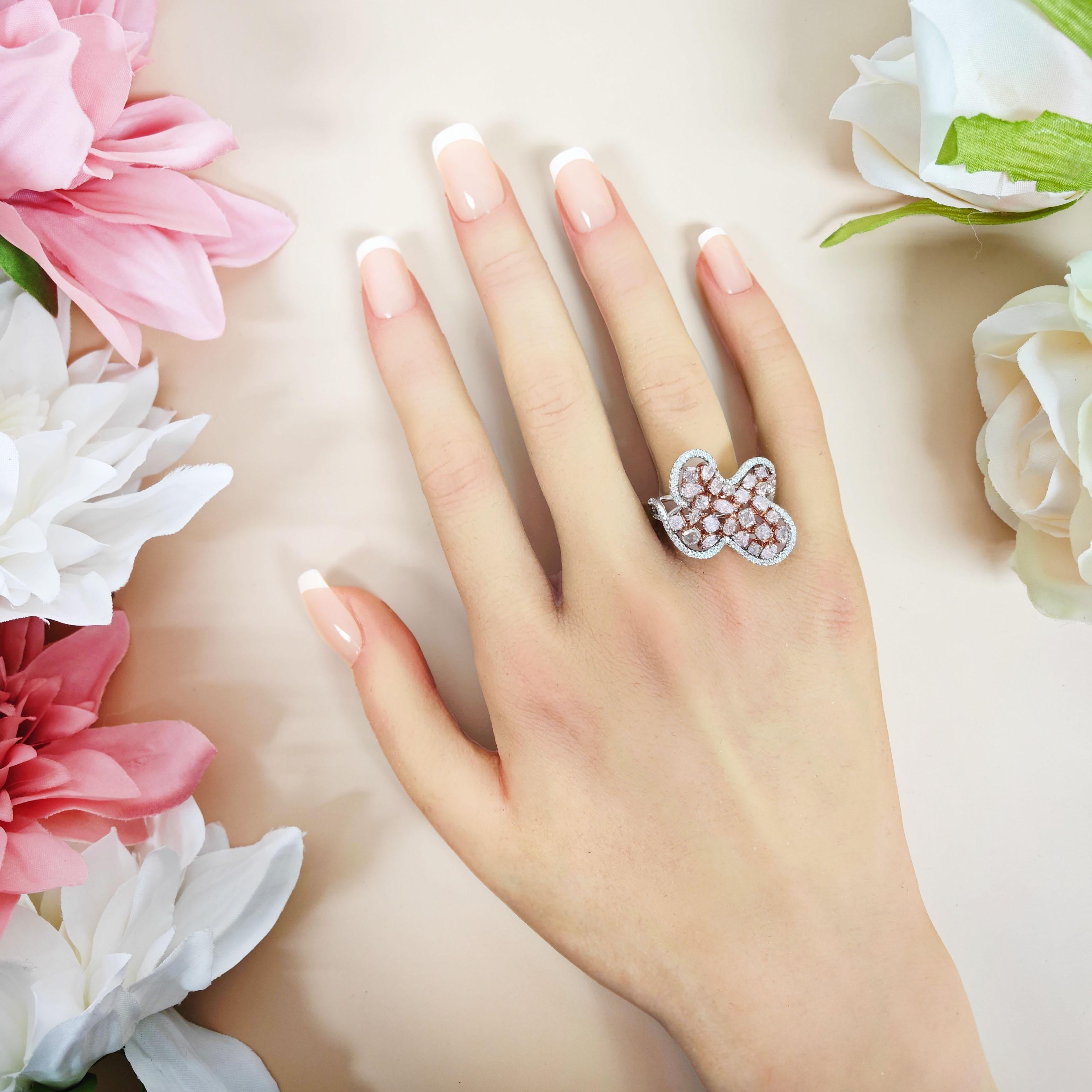 Mixed Cut 2.70 Carats Pink and White Diamond White and Rose Gold Cocktail Ring For Sale