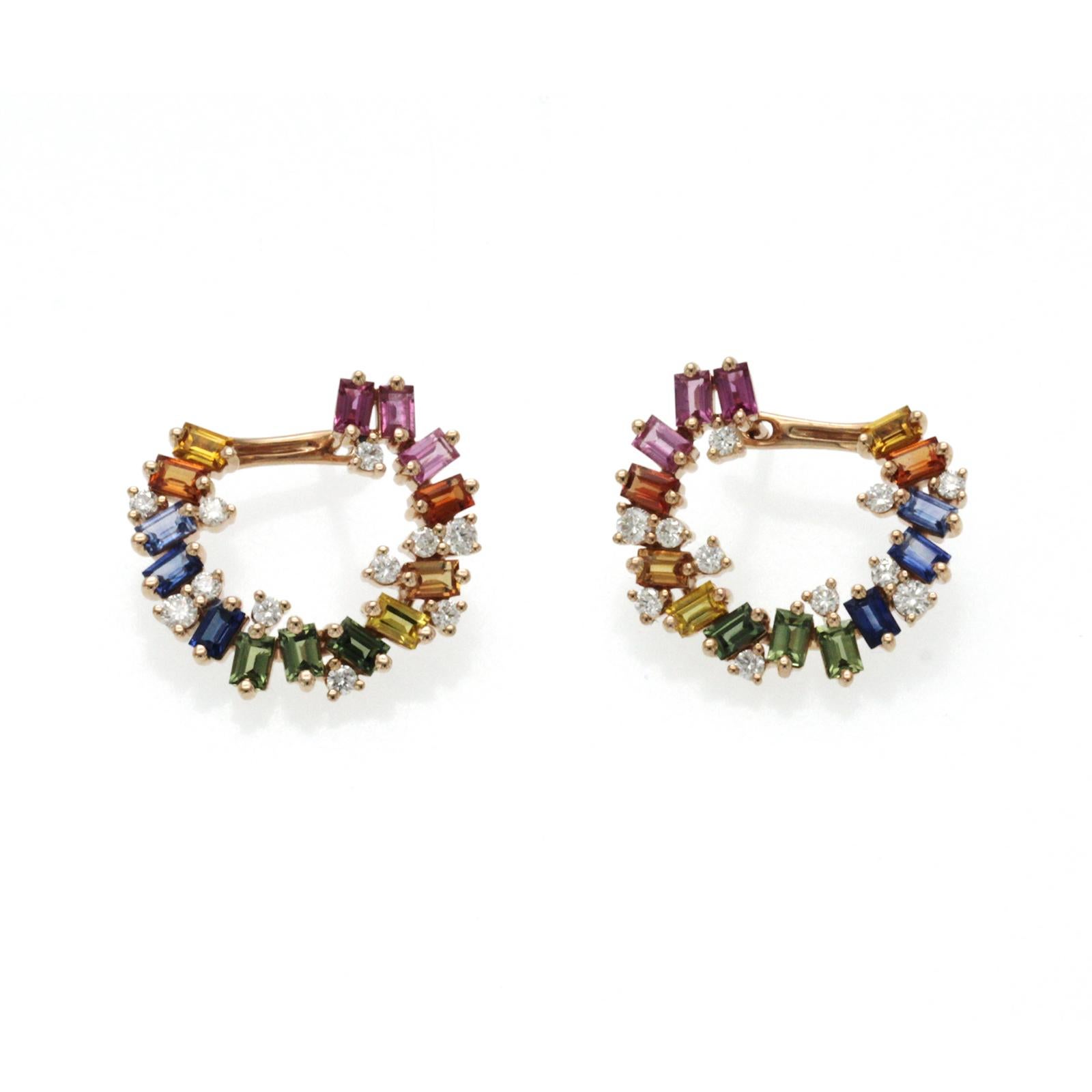 Round Cut 2.70 CT Multi Color Sapphire 0.50 CT Diamonds 14K Rose Gold Hoop Earrings For Sale