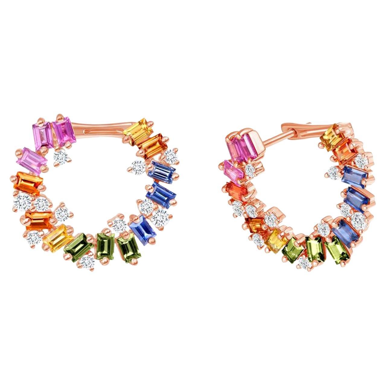 2.70 CT Multi Color Sapphire 0.50 CT Diamonds 14K Rose Gold Hoop Earrings