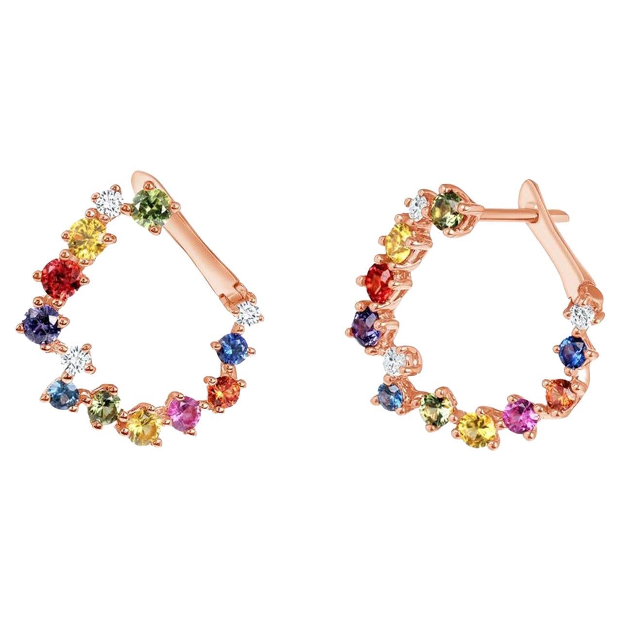 2.70 Ct Multi Color Sapphire 0.50 Ct Diamonds 14k Rose Gold Hoop Earrings For Sale