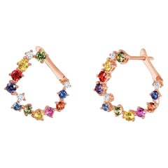 2.70 Ct Multi Color Sapphire 0.50 Ct Diamonds 14k Rose Gold Hoop Earrings