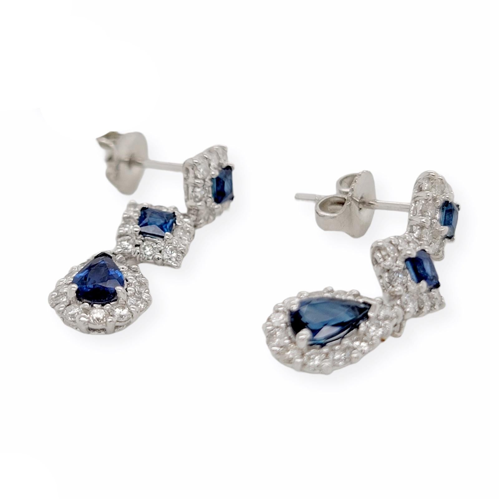 Round Cut 2.70 CT Natural Blue Sapphire & 1.08 CT Diamonds 950 Platinum Drop Earrings