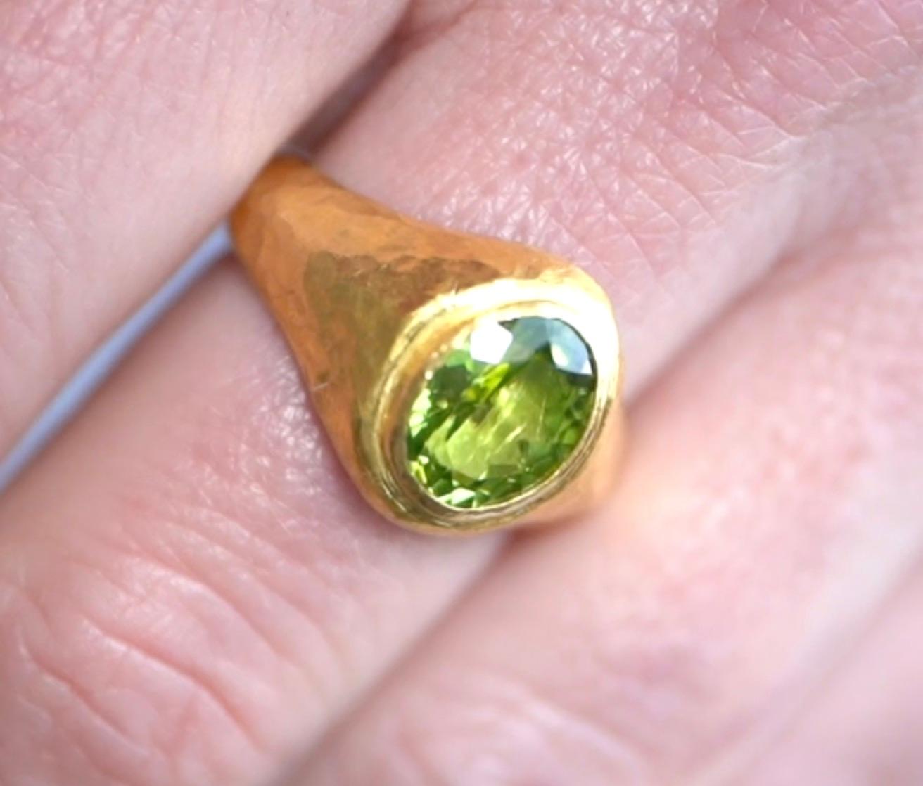 2.7ct Oval Bright Green Peridot Signet Ring with 24kt Gold and Silver by Prehistoric Works of Istanbul, Turkey. Size 6 US.