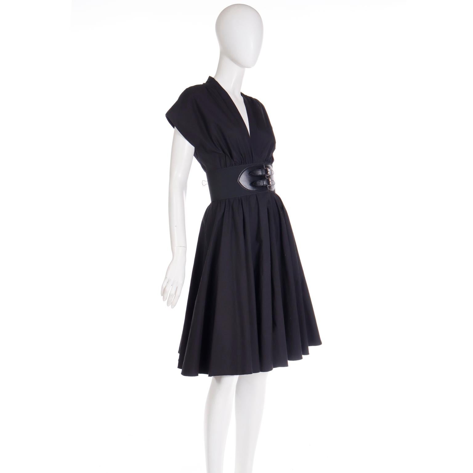 $2700 Alaia Black Cotton Poplin Dress with Built in Belt In Excellent Condition For Sale In Portland, OR