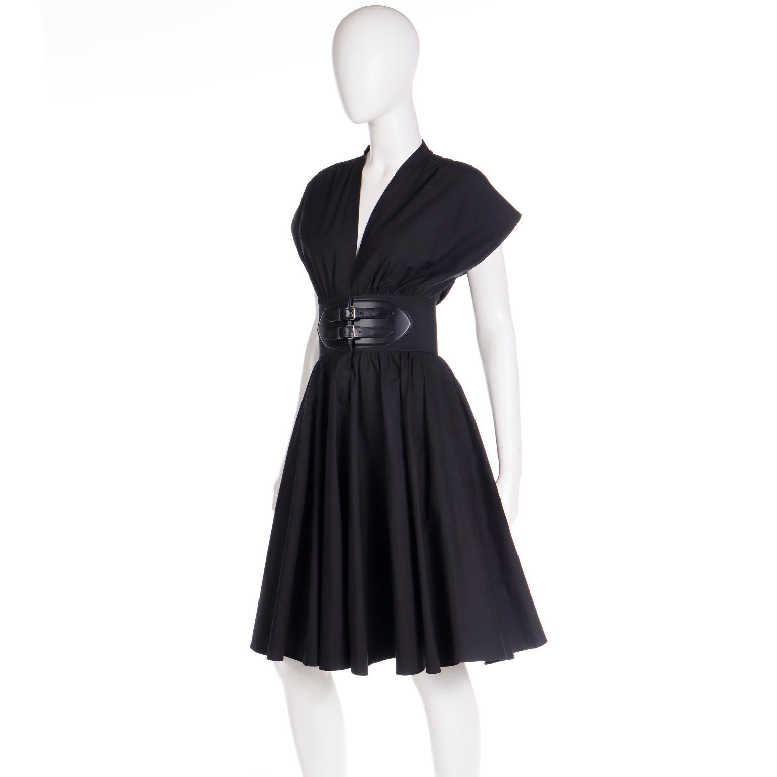 $2700 Alaia Black Cotton Poplin Dress with Built in Belt For Sale 1