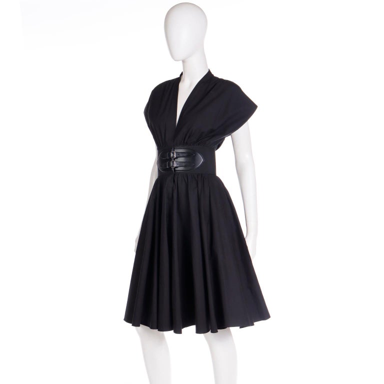 white christmas dresses Alaia Black Cotton Poplin Dress W Attached Leather Trim Buckle Belt – Modig main image 0