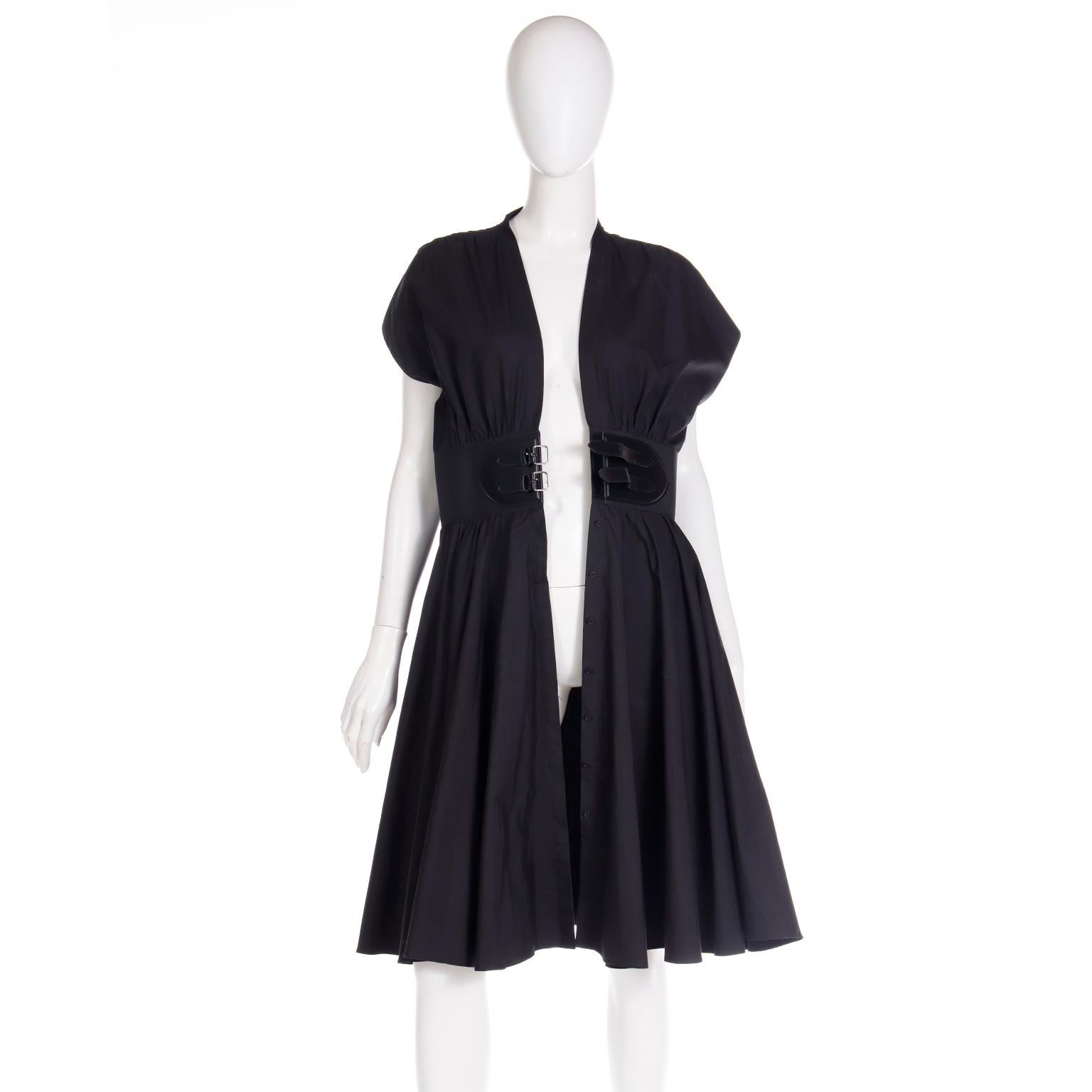 $2700 Alaia Black Cotton Poplin Dress with Built in Belt For Sale 4