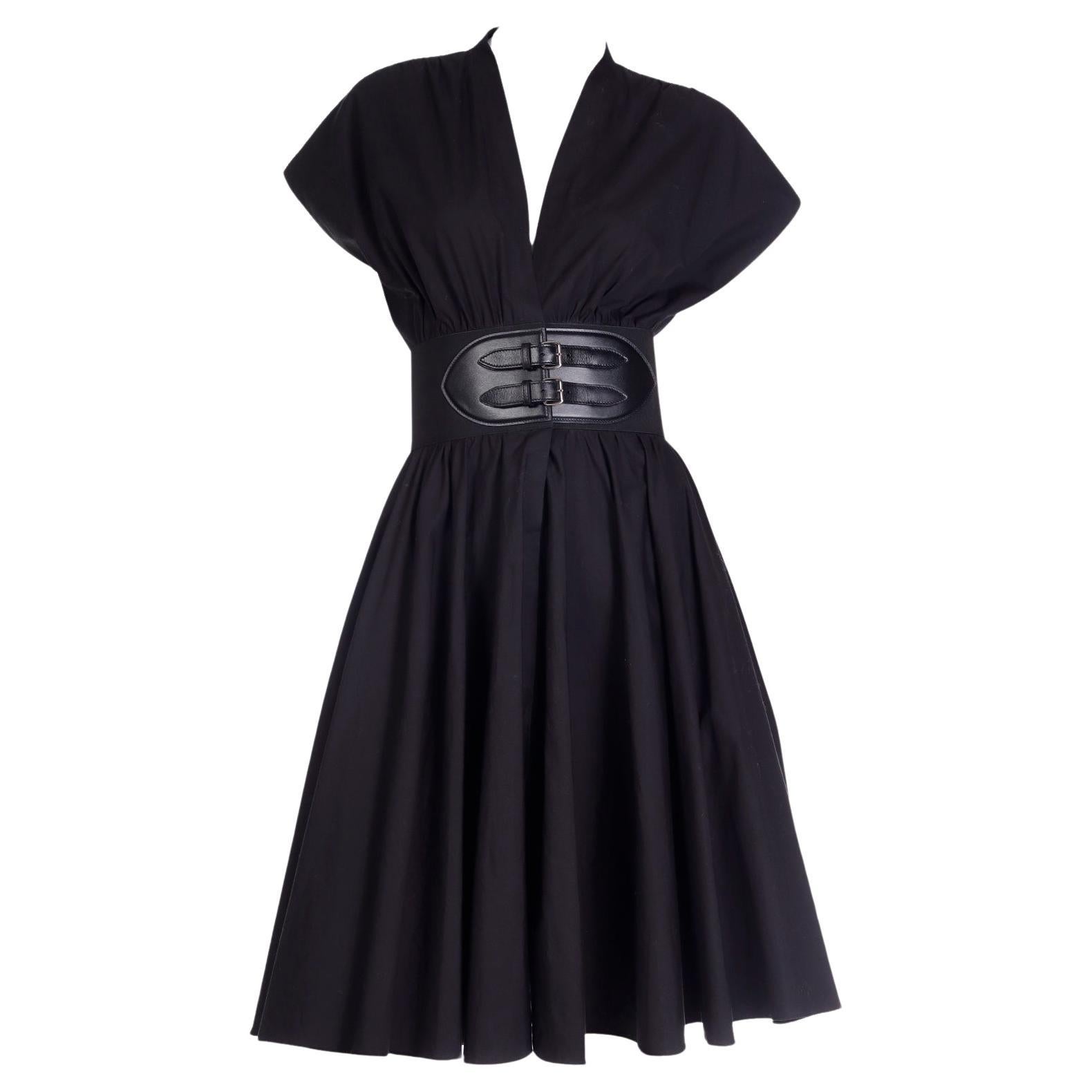 $2700 Alaia Black Cotton Poplin Dress with Built in Belt For Sale