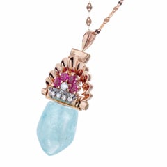 27.00 Carat Aqua Antique Retro Art Deco Rose Gold Ruby Diamond Pendant Necklace