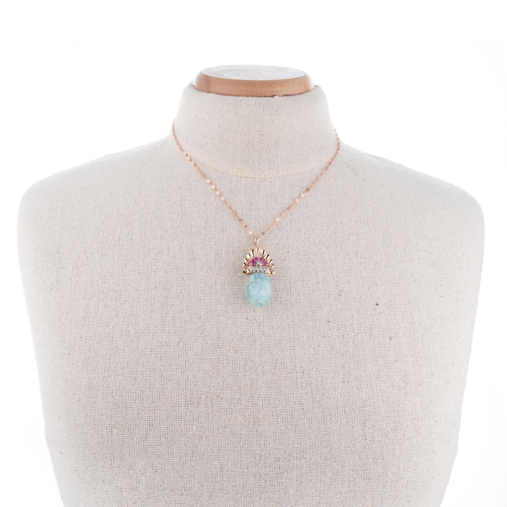 Women's 27.00 Carat Aqua Antique Retro Art Deco Rose Gold Ruby Diamond Pendant Necklace For Sale