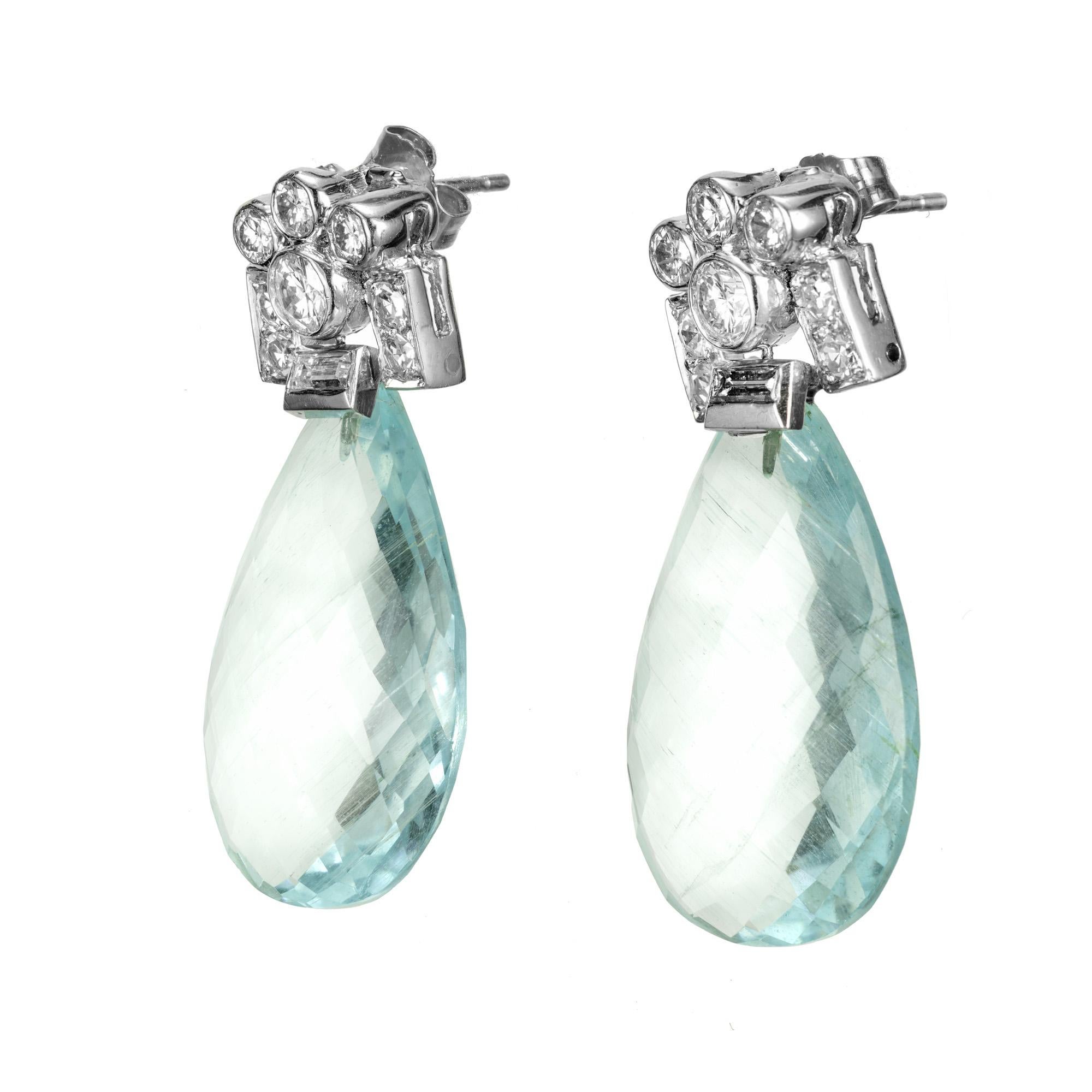 Briolette Cut 27.00 Carat Aqua Pear Briolette Round Diamond Platinum Dangle Earrings For Sale