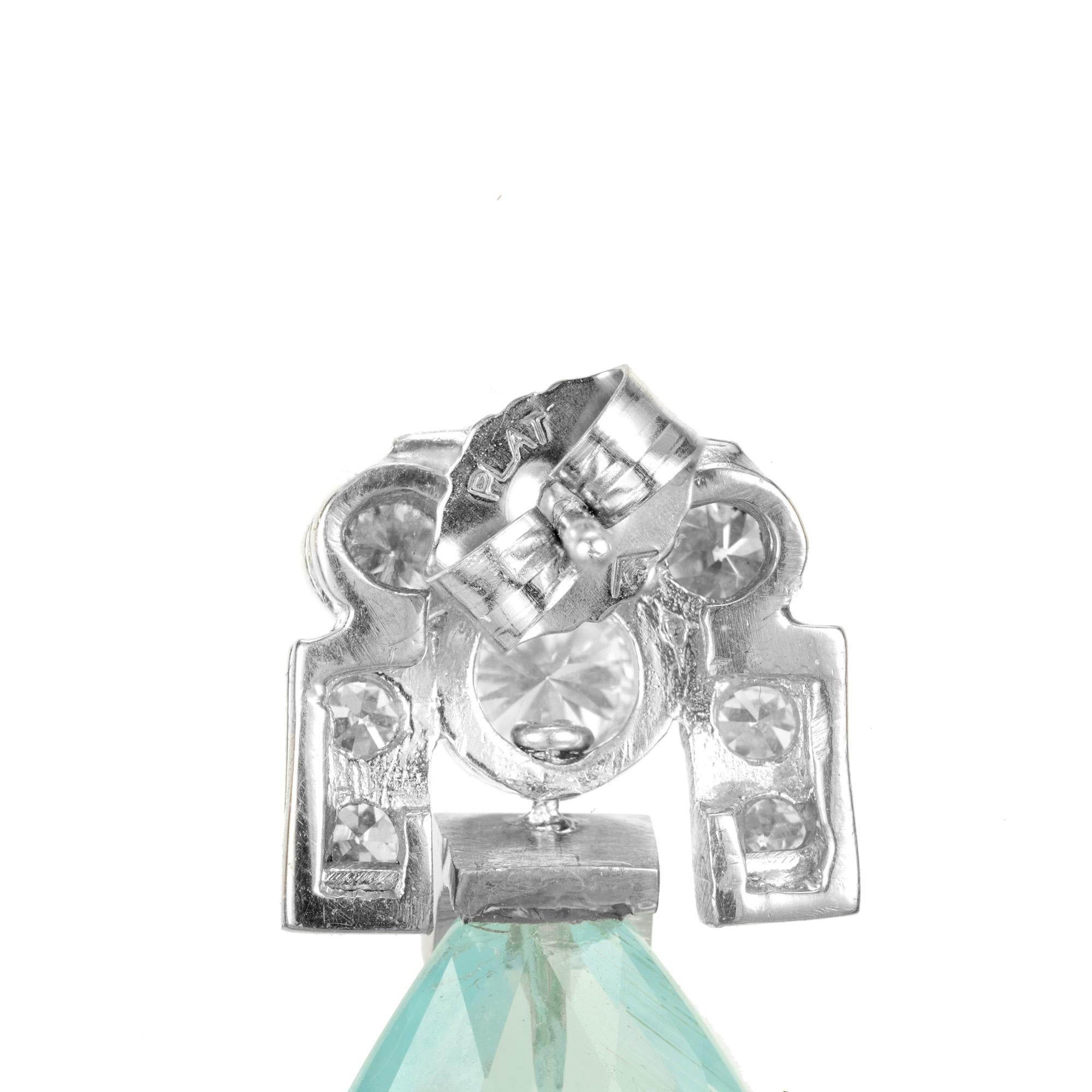 27.00 Carat Aqua Pear Briolette Round Diamond Platinum Dangle Earrings In Good Condition For Sale In Stamford, CT