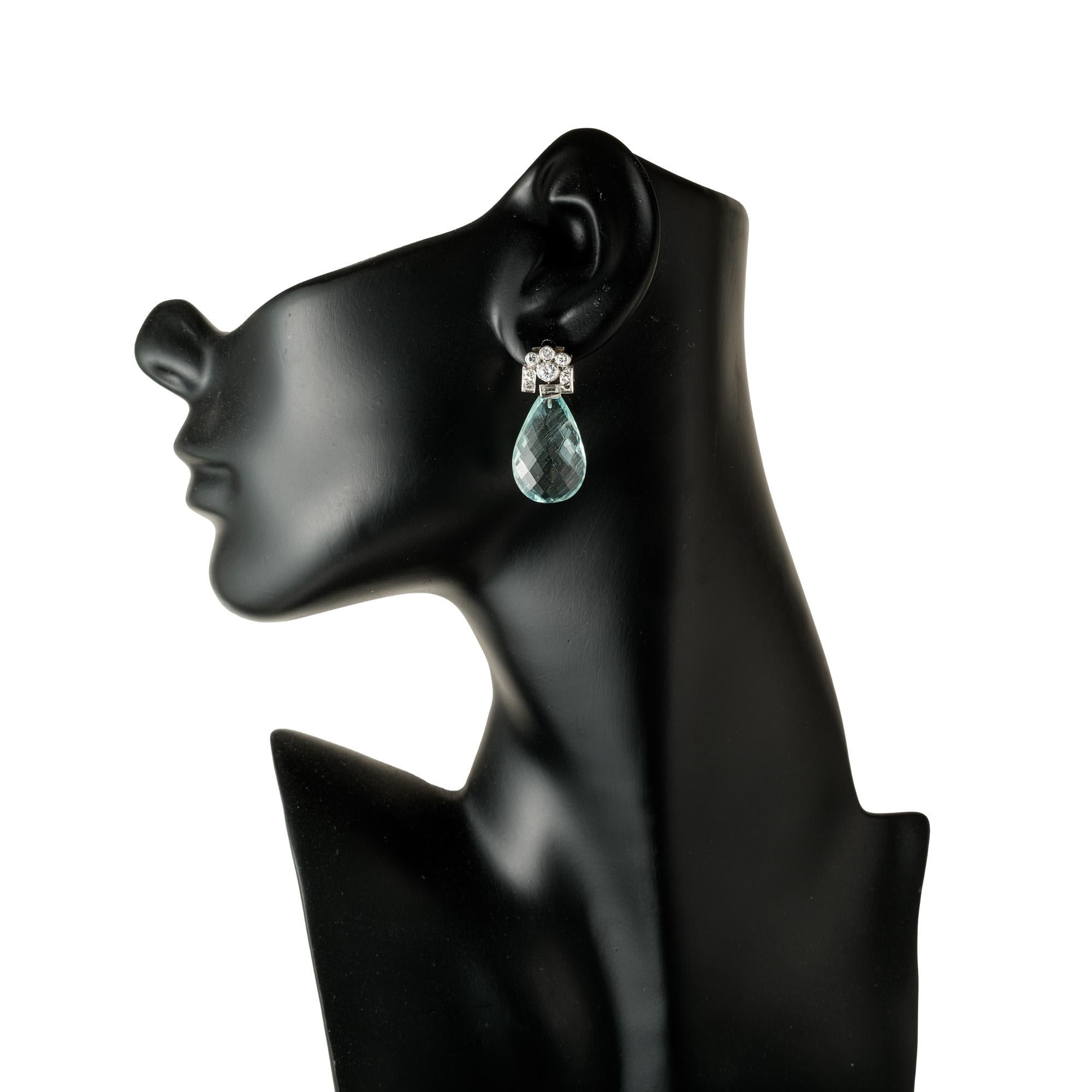 Women's 27.00 Carat Aqua Pear Briolette Round Diamond Platinum Dangle Earrings For Sale