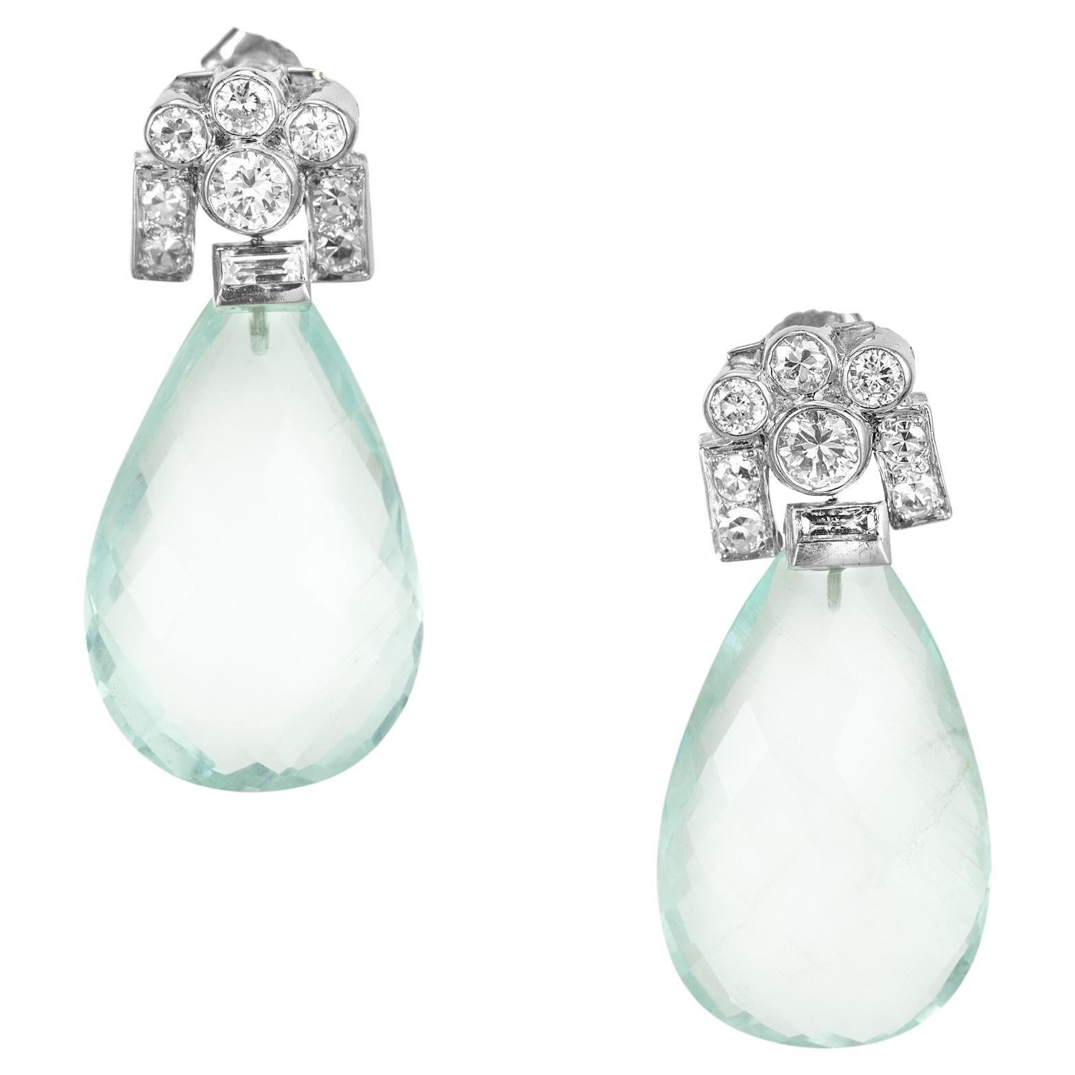  27.00 Carat Aqua Pear Briolette Round Diamond Platinum Dangle Earrings  For Sale