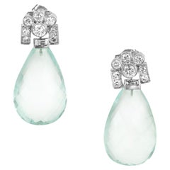 Antique  27.00 Carat Aqua Pear Briolette Round Diamond Platinum Dangle Earrings 