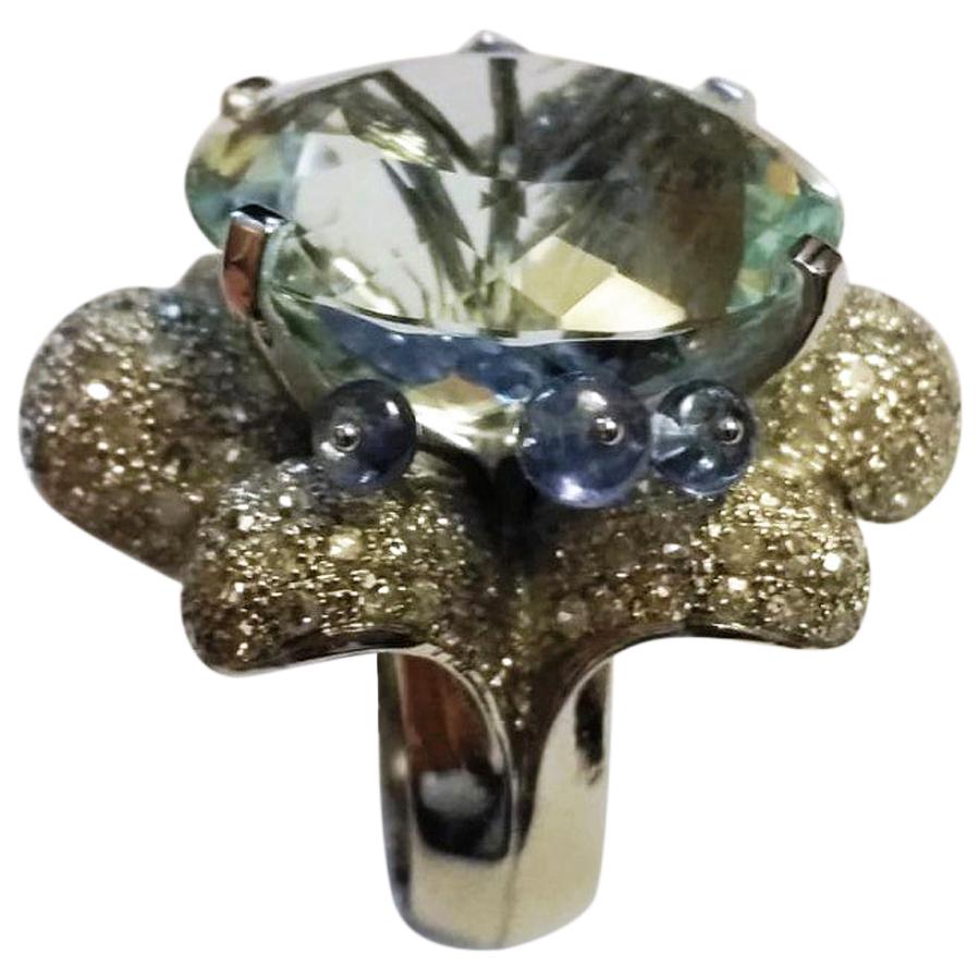 27.00 Carat Aquamarine 2.50 Carat Diamond Sapphire 18 Karat Gold Cocktail Ring For Sale