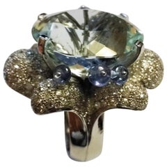 27.00 Carat Aquamarine 2.50 Carat Diamond Sapphire 18 Karat Gold Cocktail Ring