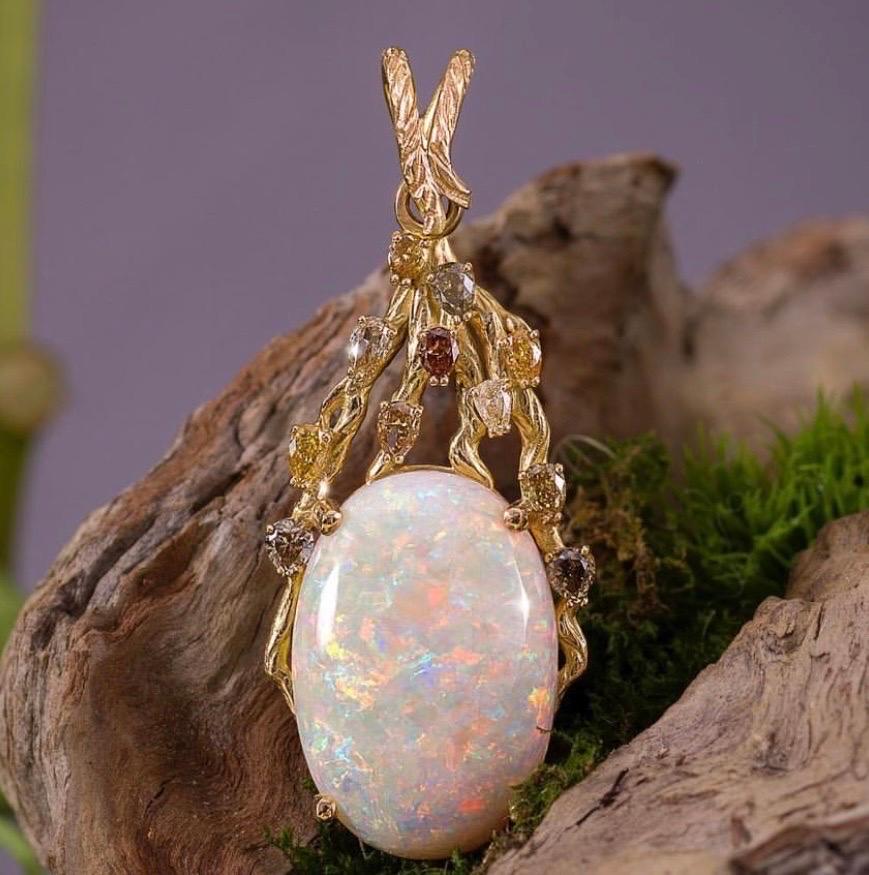 Women's or Men's 27.00 Carat  Australian Opal and Diamond Branch Motif Pendant For Sale