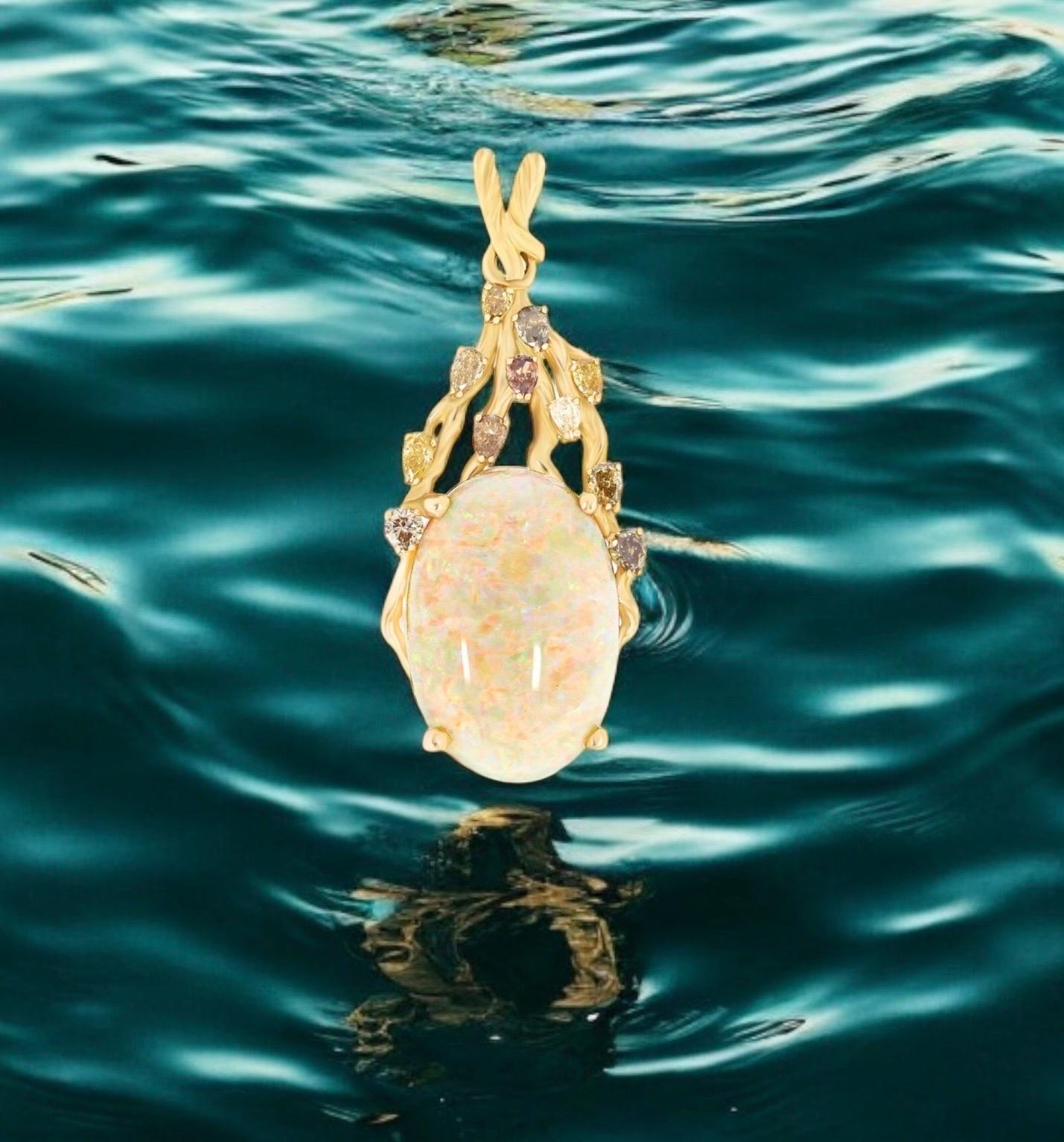 27.00 Carat  Australian Opal and Diamond Branch Motif Pendant For Sale 1