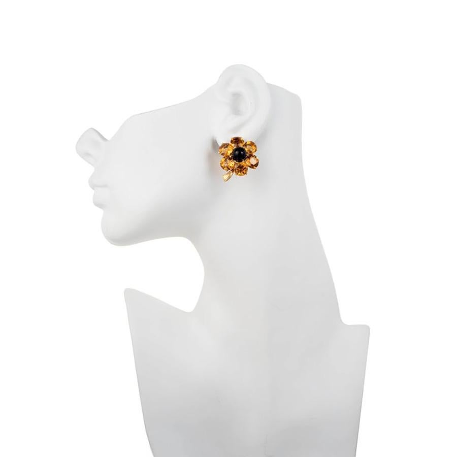Taille ronde Boucles d'oreilles à clips à fleurs en or jaune avec onyx noir et citrine de 27,00 carats en vente