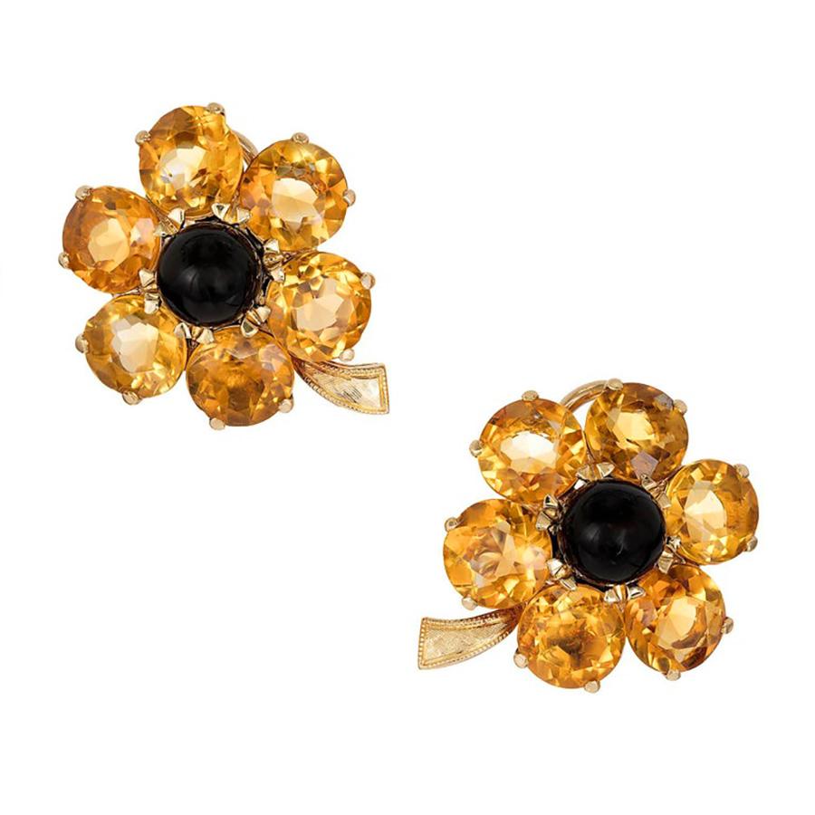 Boucles d'oreilles à clips à fleurs en or jaune avec onyx noir et citrine de 27,00 carats Pour femmes en vente