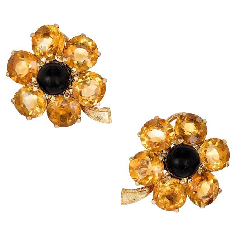 Boucles d'oreilles à clips à fleurs en or jaune avec onyx noir et citrine de 27,00 carats