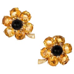 27.00 Carat Citrine Black Onyx Yellow Gold Flower Post Clip Earrings