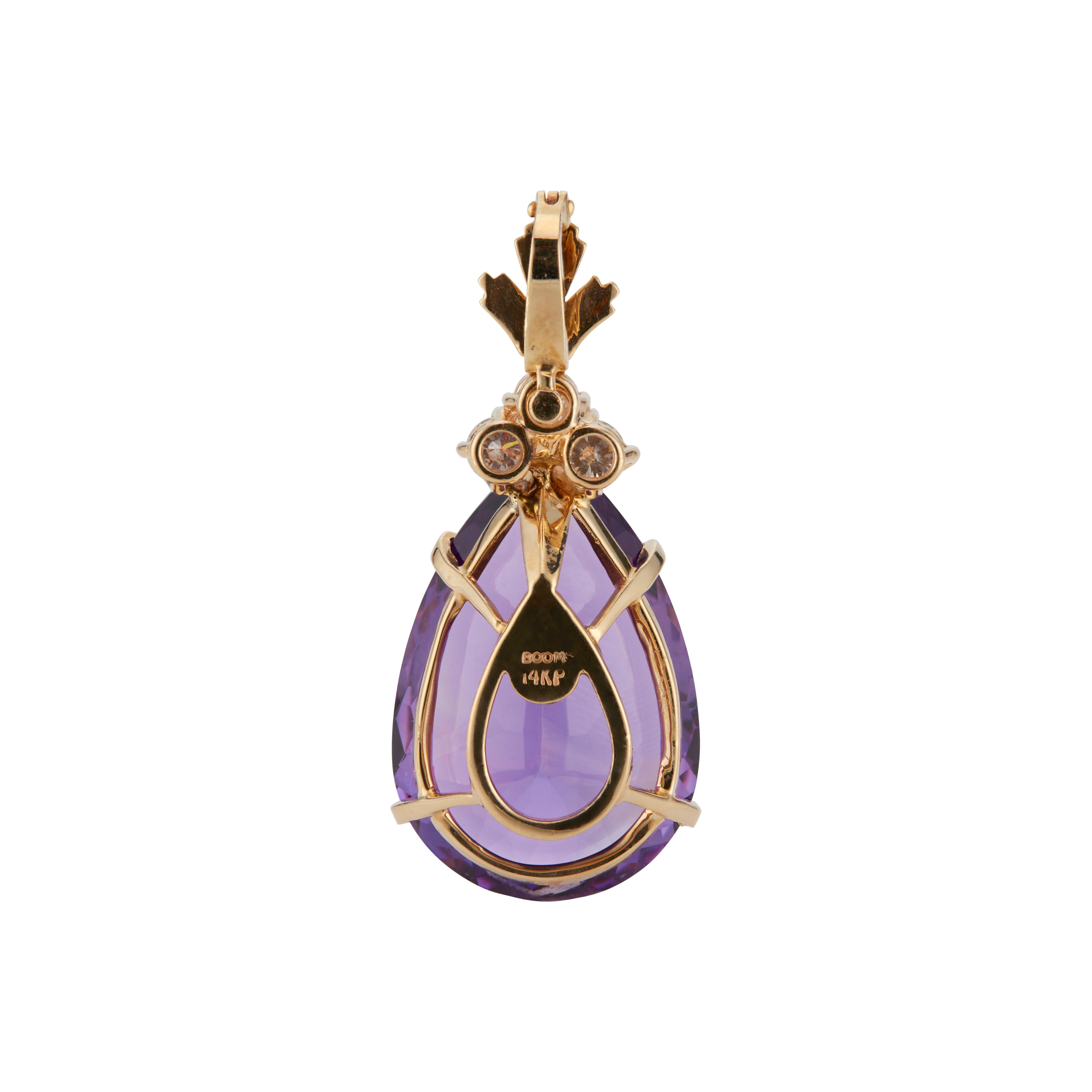 Pear Cut 27.00 Carat Purple Amethyst Diamond 14k Yellow Gold Enhancer Pendant For Sale