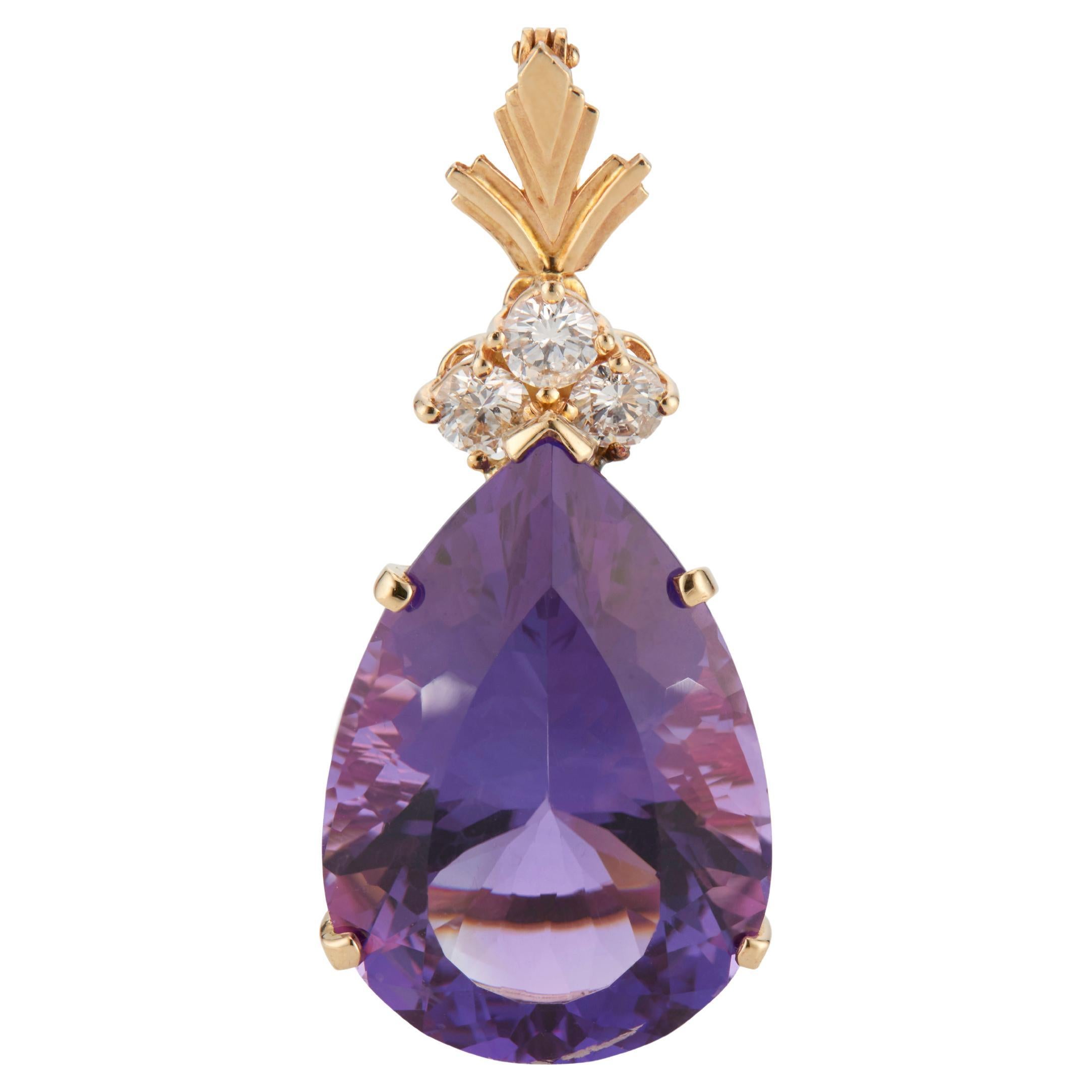 27.00 Carat Purple Amethyst Diamond 14k Yellow Gold Enhancer Pendant For Sale