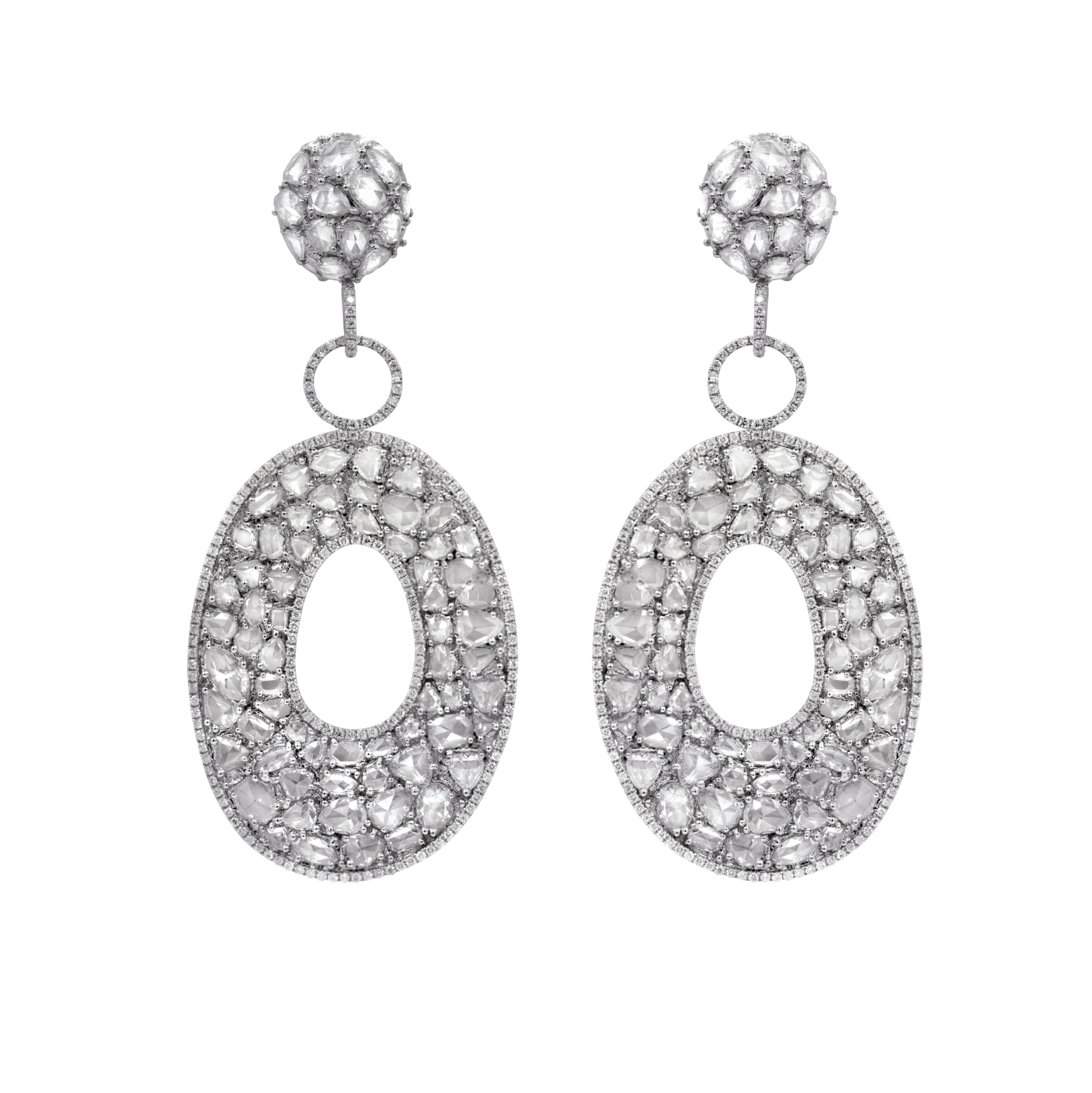 One of a kind very large size diamond earrings, features 27.00 carats combination of Rose cut and brilliant cut diamonds. The earrings are 3.5