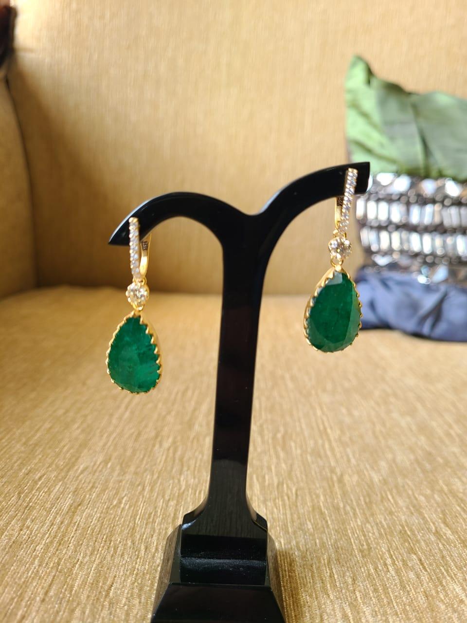 Classical Greek 27.04 Carats, Zambian Emerald & Diamonds Chandelier/ Dangle Classic Earrings