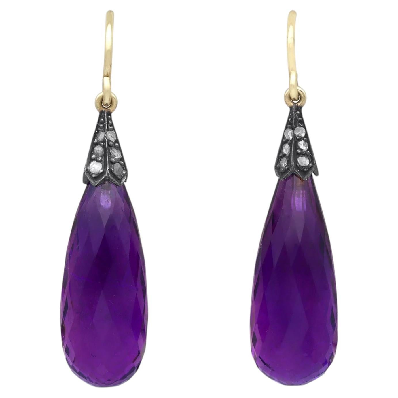 27.05 Carat Amethyst 0.12 Carat Diamond and 18k Yellow Gold Earrings Circa 1900