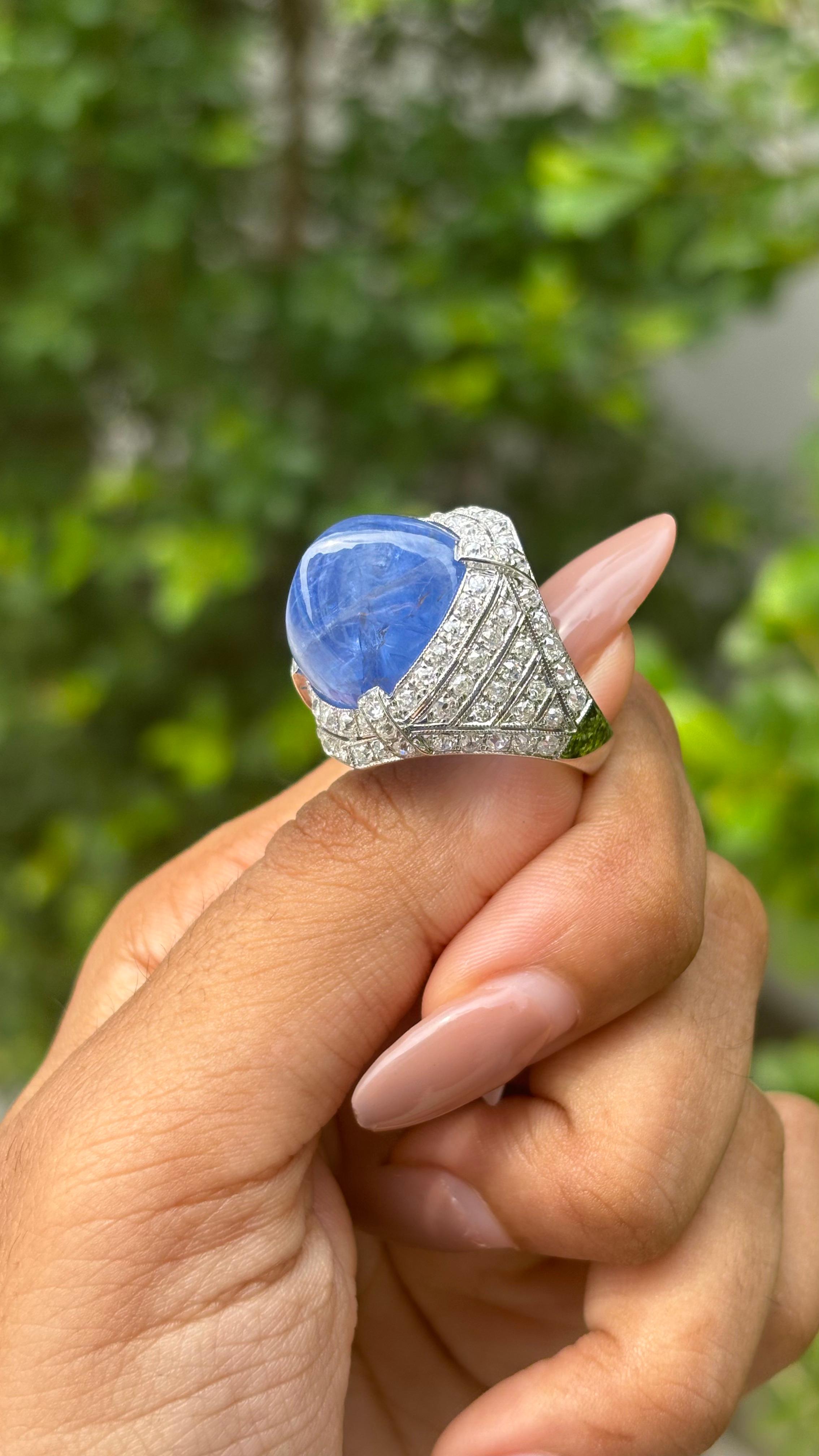 27,05ct No-Heat Sugarloaf Sapphire & OMC Diamond Art Deco Ring in 18K Weißgold 1