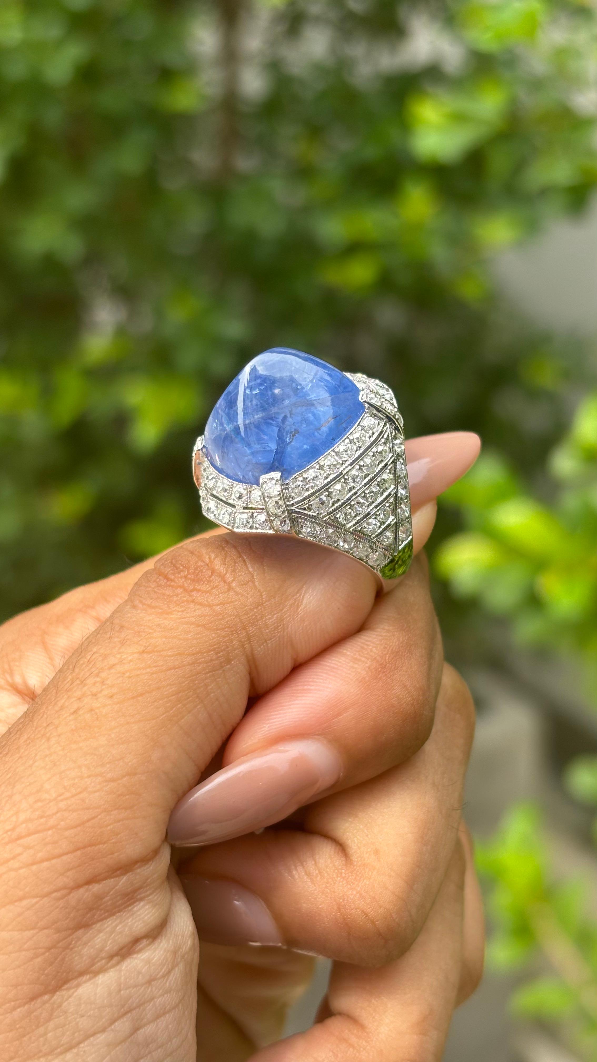 27,05ct No-Heat Sugarloaf Sapphire & OMC Diamond Art Deco Ring in 18K Weißgold 2