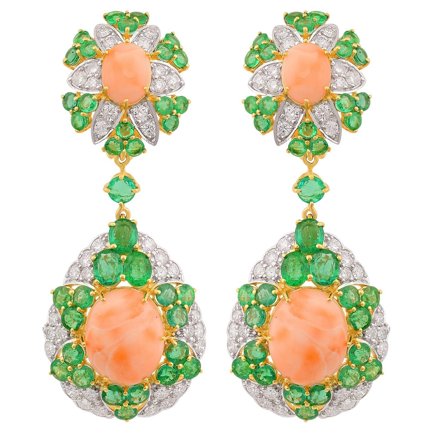 27.08 TCW Coral Esmeralda Diamante Pendientes Colgantes Joyería de Oro Amarillo de 14 Kilates