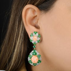 27.08 TCW Coral Emerald Diamond Dangle Earrings 18 Karat Yellow Gold Jewelry