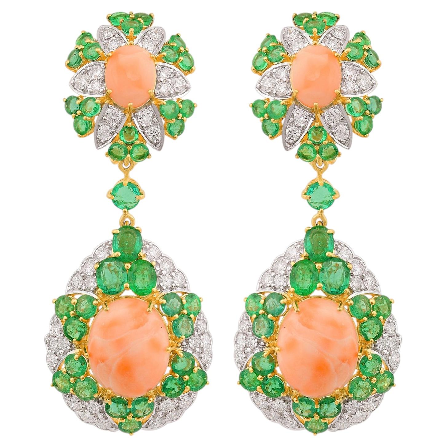 27.08 TCW Coral Emerald Diamond Dangle Earrings 18 Karat Yellow Gold Jewelry