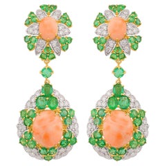 27.08 TCW Coral Emerald Diamond Dangle Earrings 18 Karat Yellow Gold Jewelry