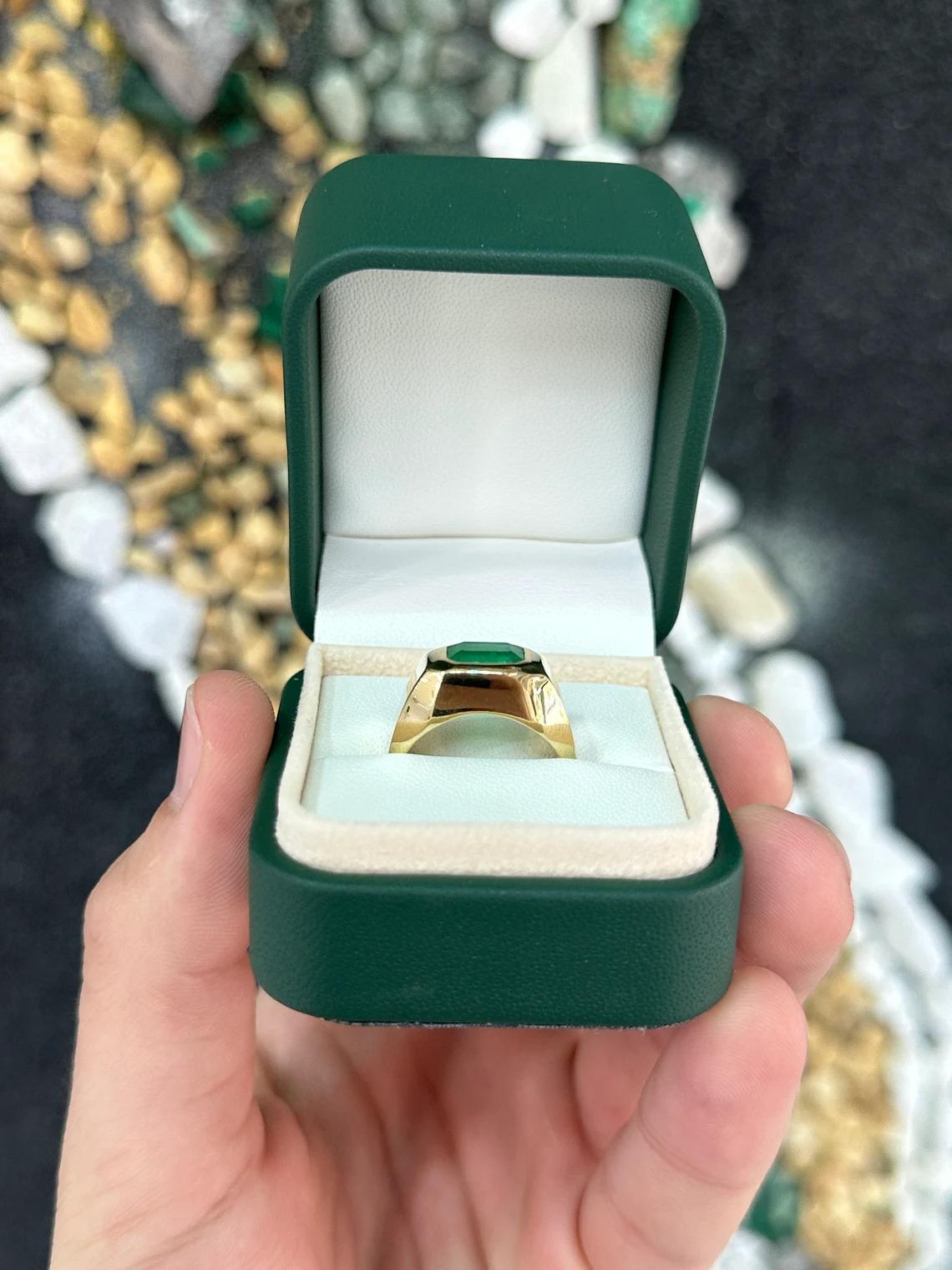 2.70ct AAA+ Rich Vivid Muzo Green Colombian Emerald-Emerald Cut Gold Gypsy Ring For Sale 4