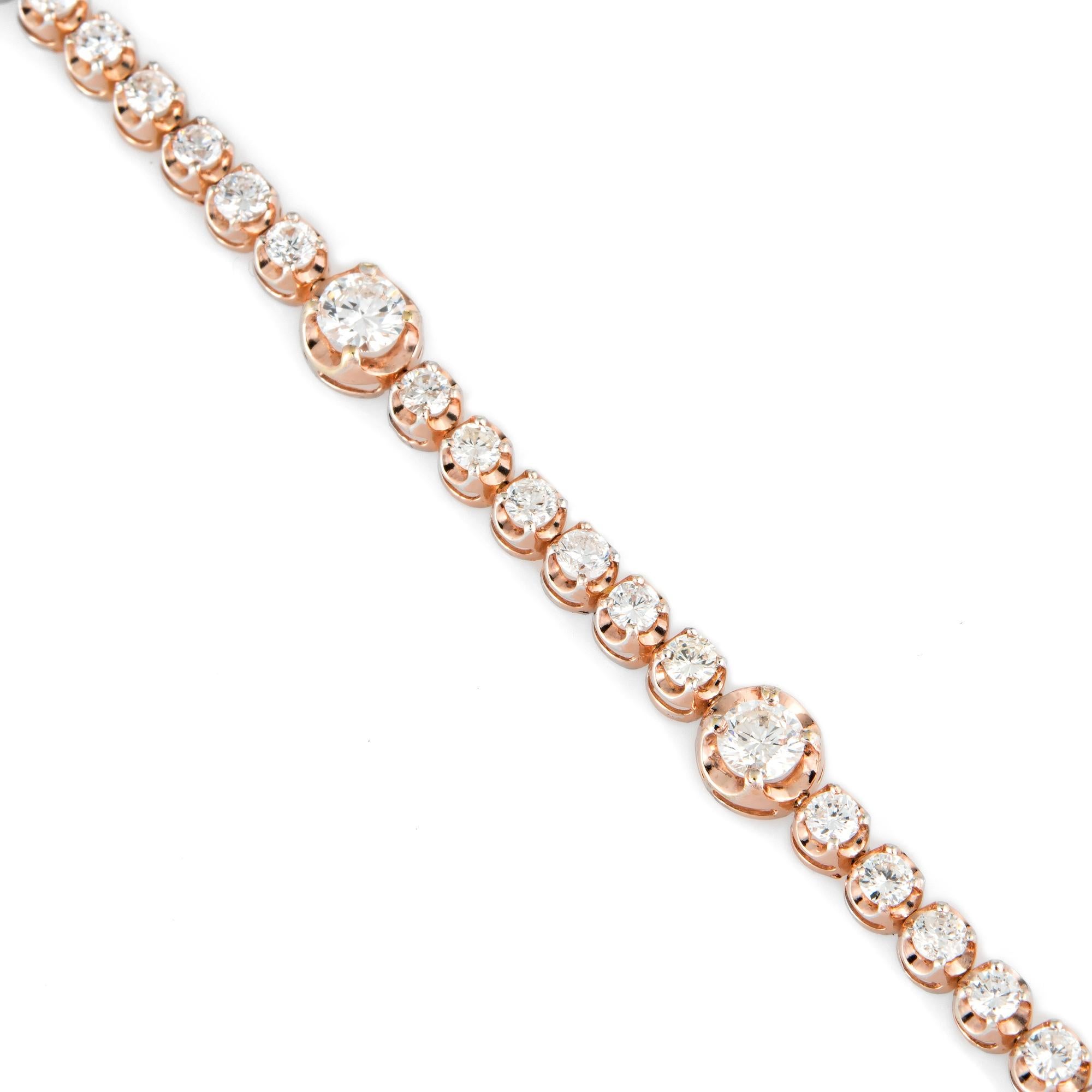 Stylish and finely detailed estate diamond bracelet crafted in 14 karat rose gold. 

6 estimated 0.20 carat and 30 estimated 0.05 carat diamonds total an estimated 2.70 carats (estimated at H-I color and VS2-SI1 clarity). 

The bracelet makes a