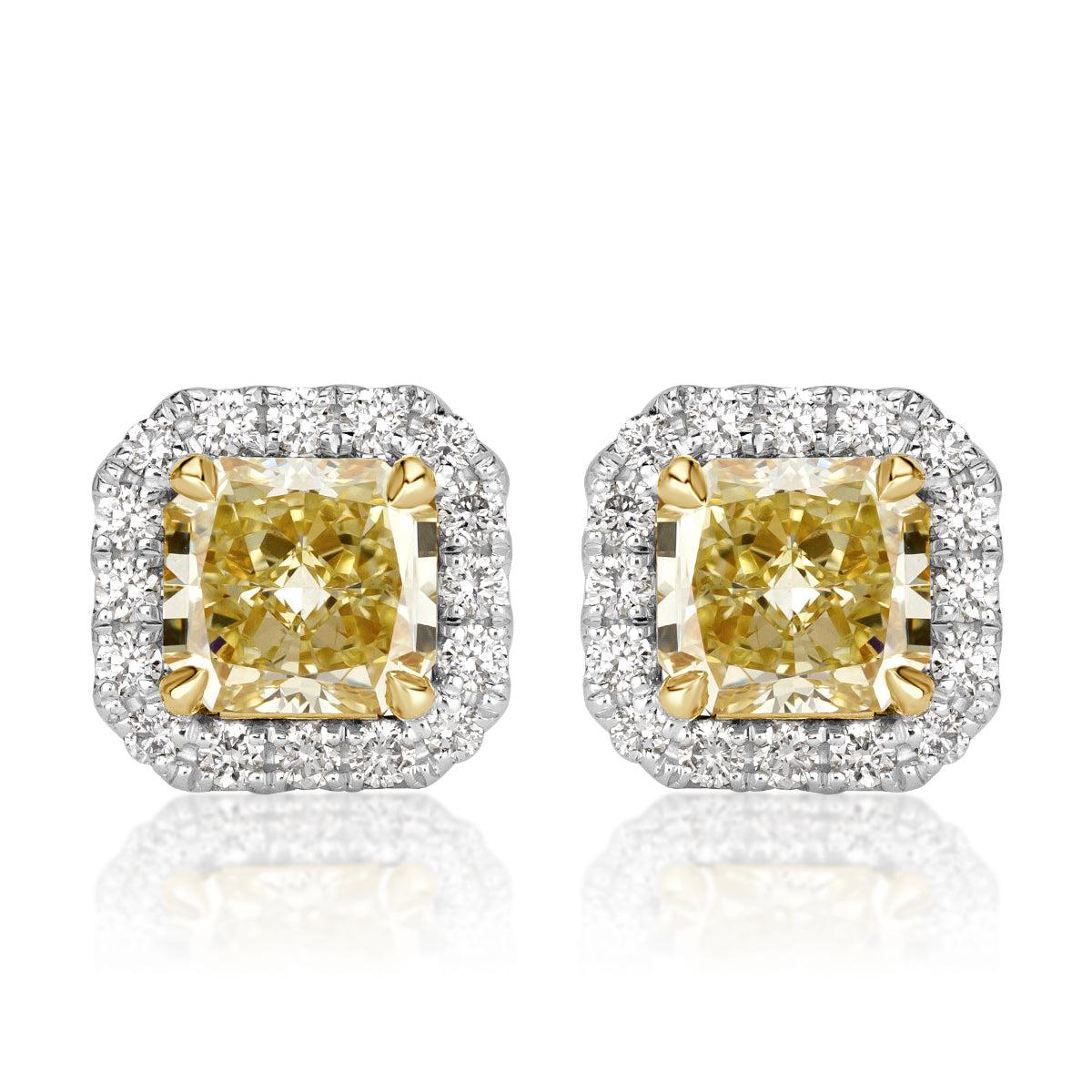 2.70ct Fancy Yellow Radiant Cut Diamond Halo Stud Earrings