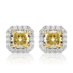 2.70ct Fancy Yellow Radiant Cut Diamond Halo Stud Earrings