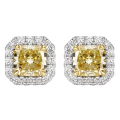2.70ct Fancy Yellow Radiant Cut Diamond Halo Stud Earrings