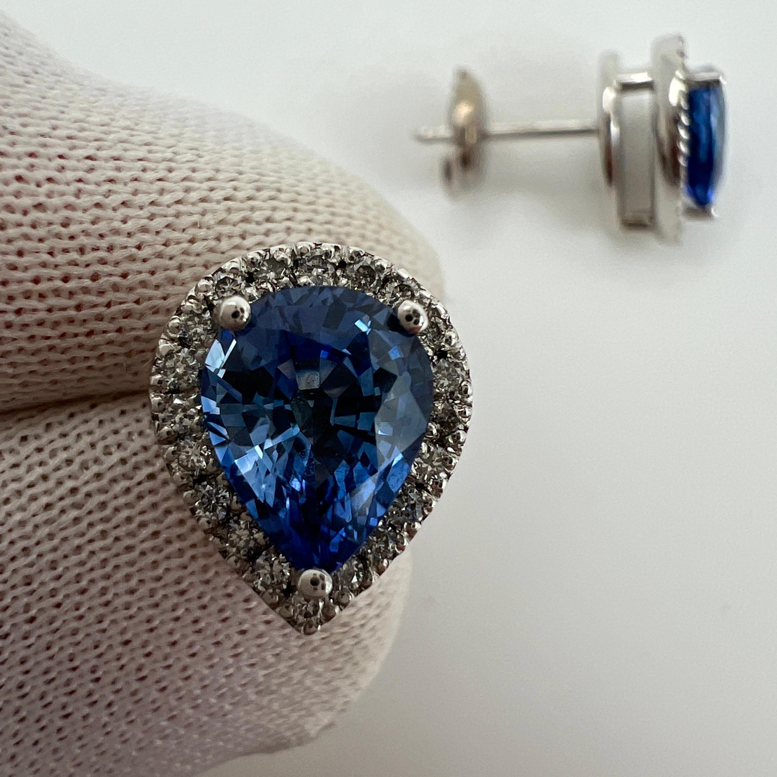 2.70ct Fine Blue Ceylon Sapphire Diamond 18k White Gold Pear Halo Stud Earrings en vente 5