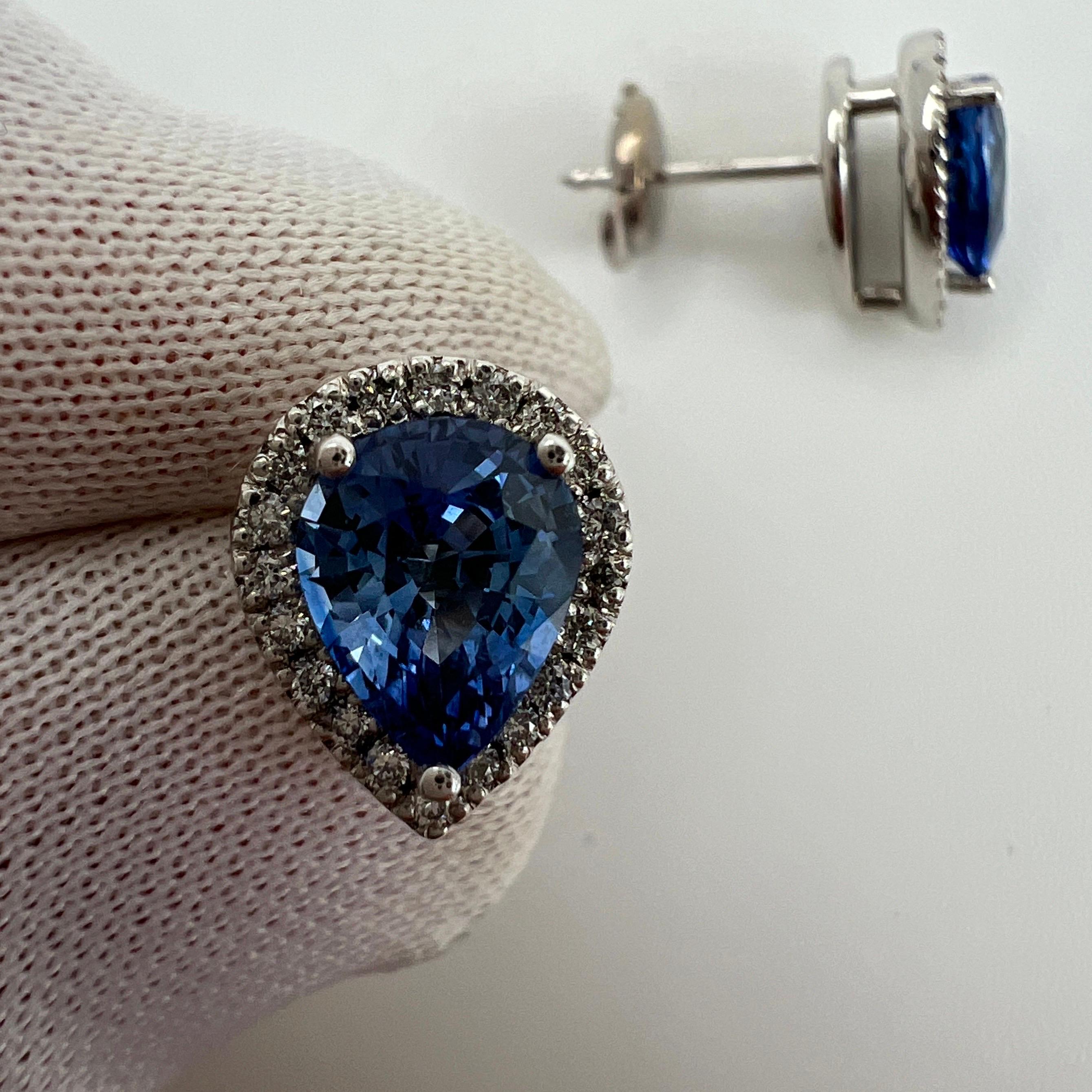 2.70ct Fine Blue Ceylon Sapphire Diamond 18k White Gold Pear Halo Stud Earrings en vente 6