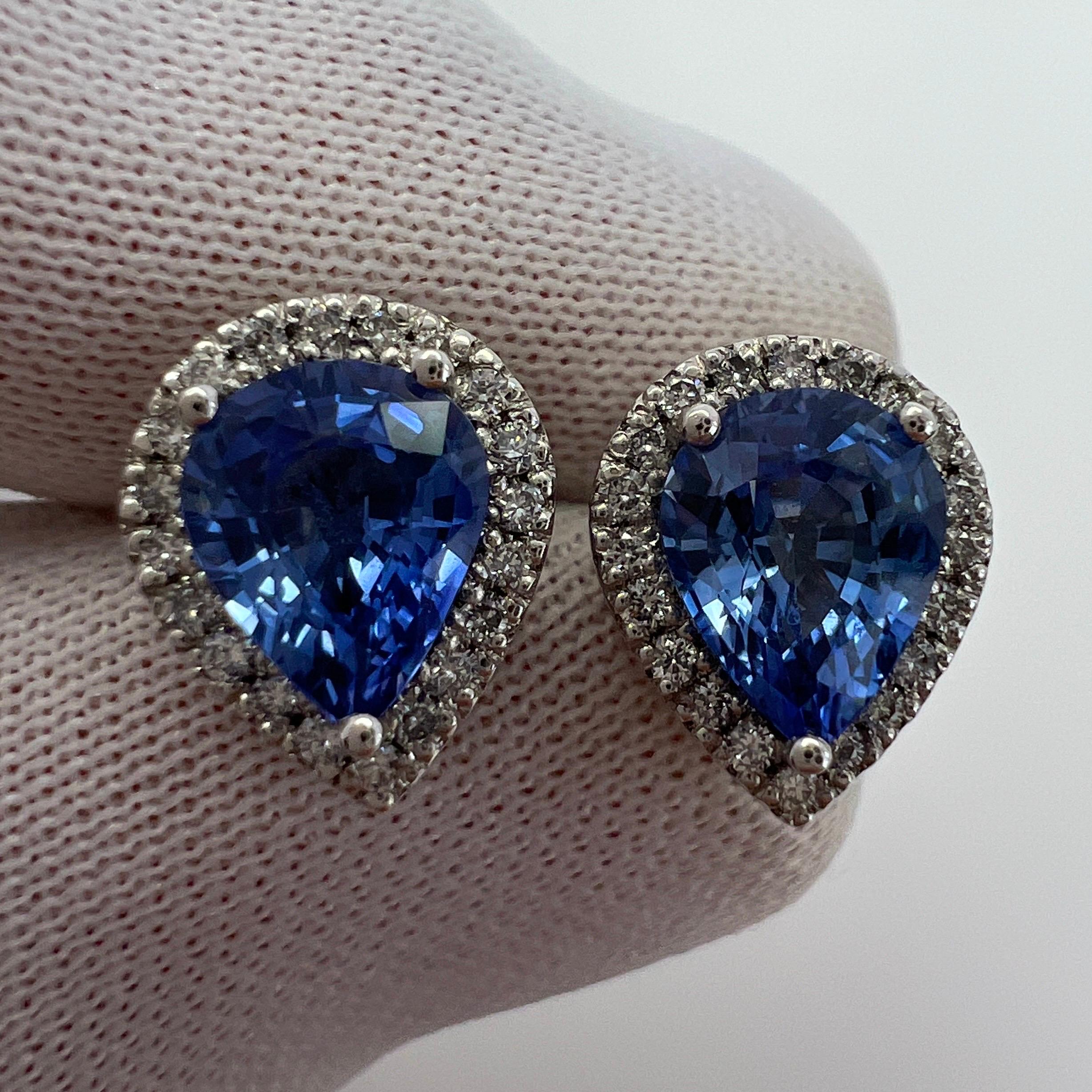 2.70Tcw Top Grade Ceylon Cornflower Blue Sapphire & Diamond 18k White Gold Earring Halo Studs.

Saphirs de Ceylan de 2,50ct d'un bleu vif, d'une excellente clarté et d'une excellente coupe poire en goutte d'eau. Pierres sri-lankaises de qualité